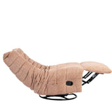 Roze relaxfauteuil met voetensteun en stoffering, draaiframe met zwarte onderstel.