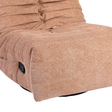 Roze relaxfauteuil met zwarte bedieningsknop en afgeronde armleuning met stoffering.