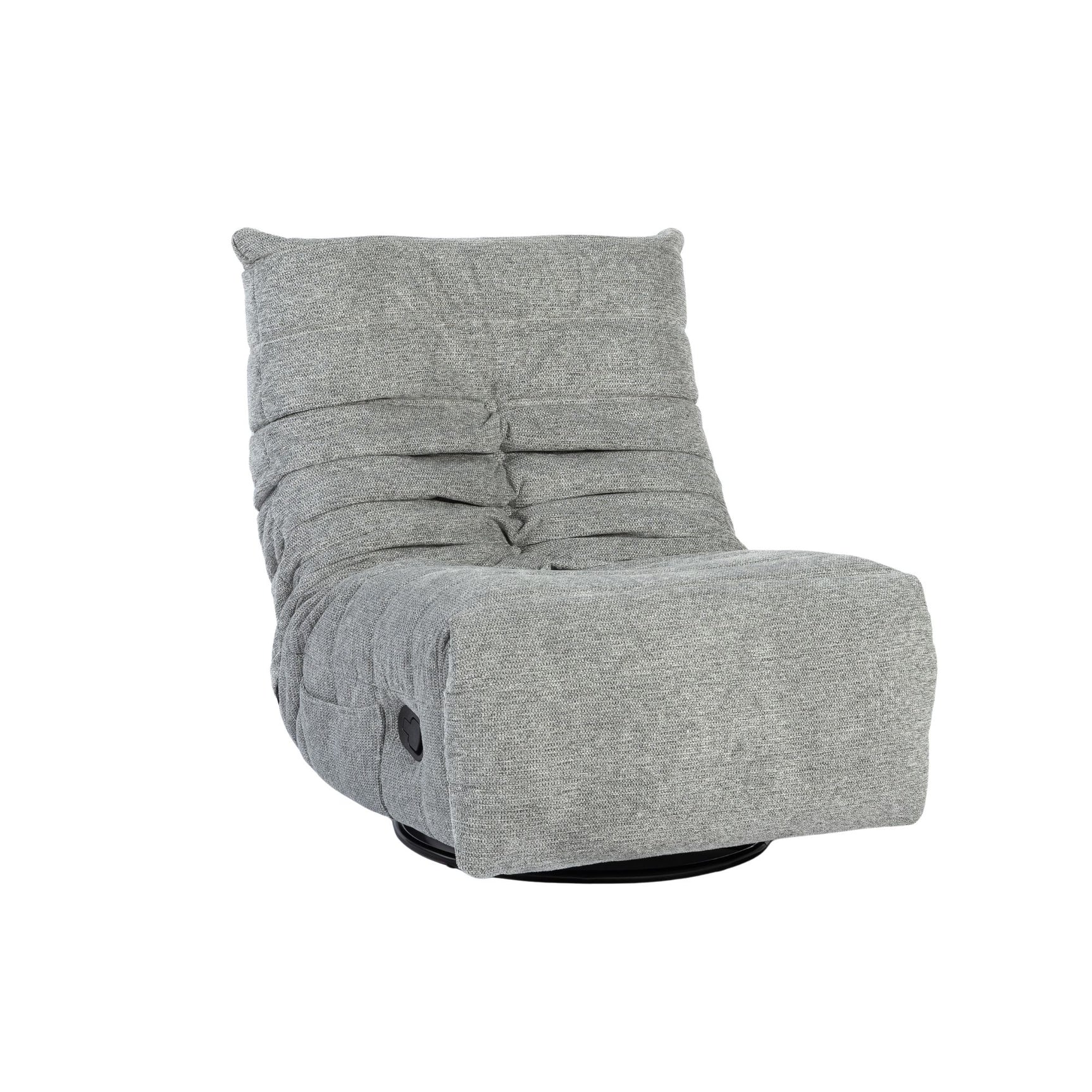 Grijze relaxfauteuil met knoopdetails in de zitting en rug, zwarte basis.
