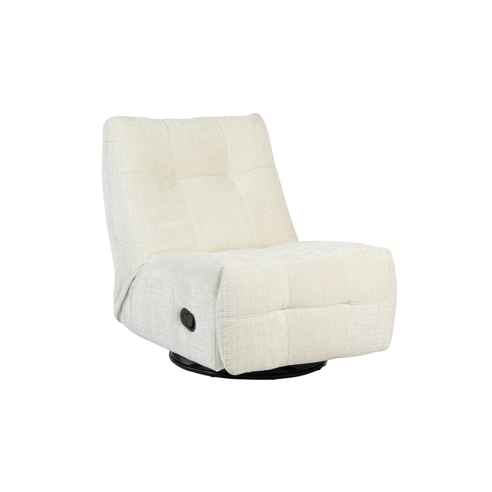 Gebroken witte relaxfauteuil met ronde armleuningen, draaibare basis en zwarte knop.