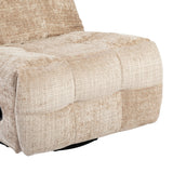 Beige relaxfauteuil met gestoffeerde armleuning, zitting en zwarte onderstelvoet