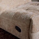 Beige relaxfauteuil zijpaneel met zwarte bedieningsknop en grove stof