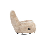 Beige relaxfauteuil in zijaanzicht met opklapbare voetsteun en zwarte bodemplaat
