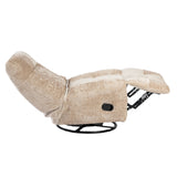 Beige relaxfauteuil met uitgeschoven voetsteun en zichtbare zwarte vering