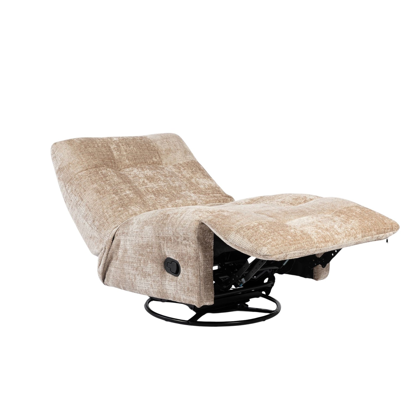 Beige relaxfauteuil met volledig uitgeschoven voetsteun en zwarte schommelbasis