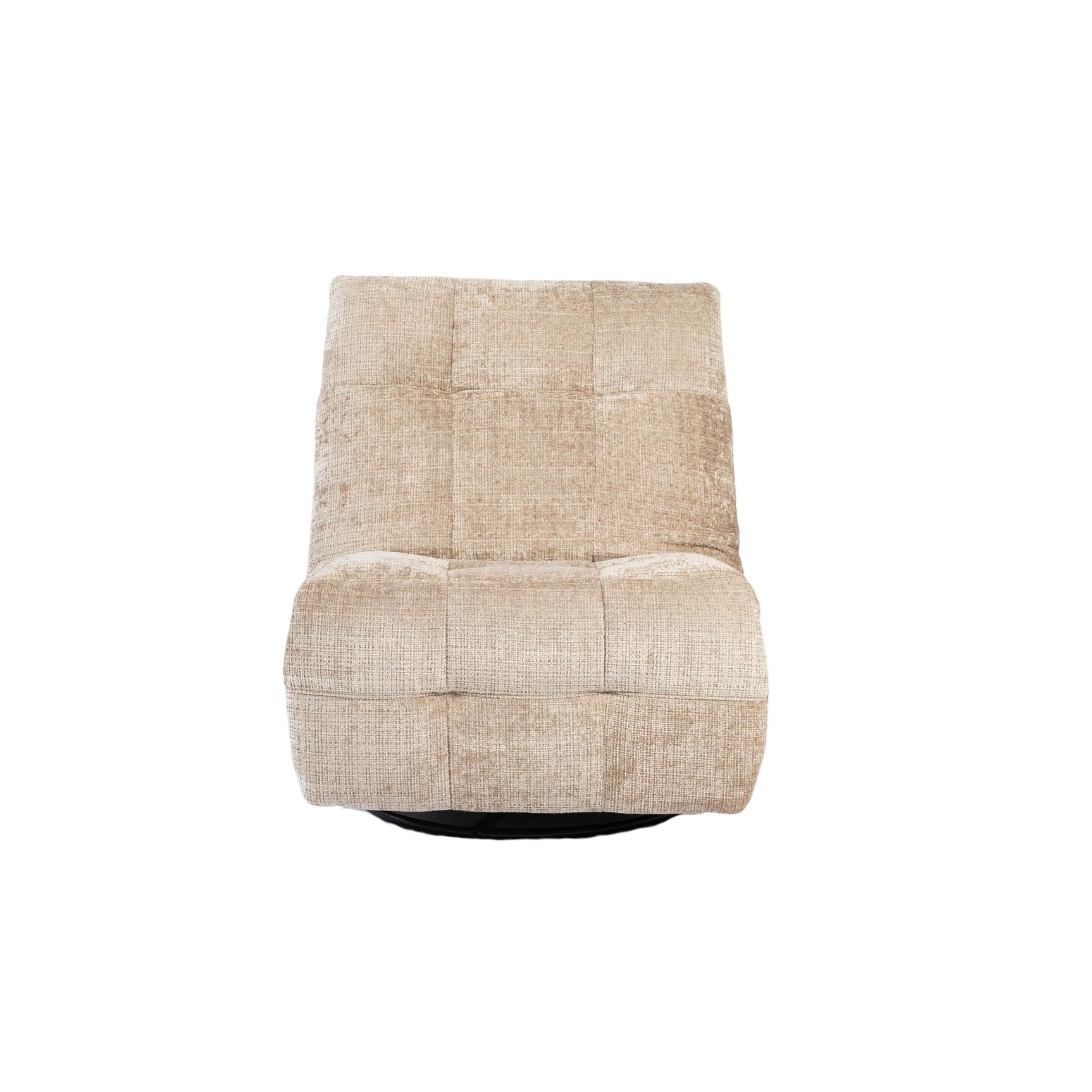 Beige relaxfauteuil met verticale rugleuning en ronde zwarte schijfvoet