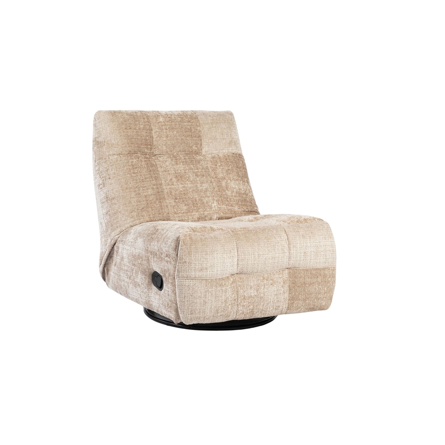 Beige relaxfauteuil met lichte rugleuning en gestoffeerde armleuningen