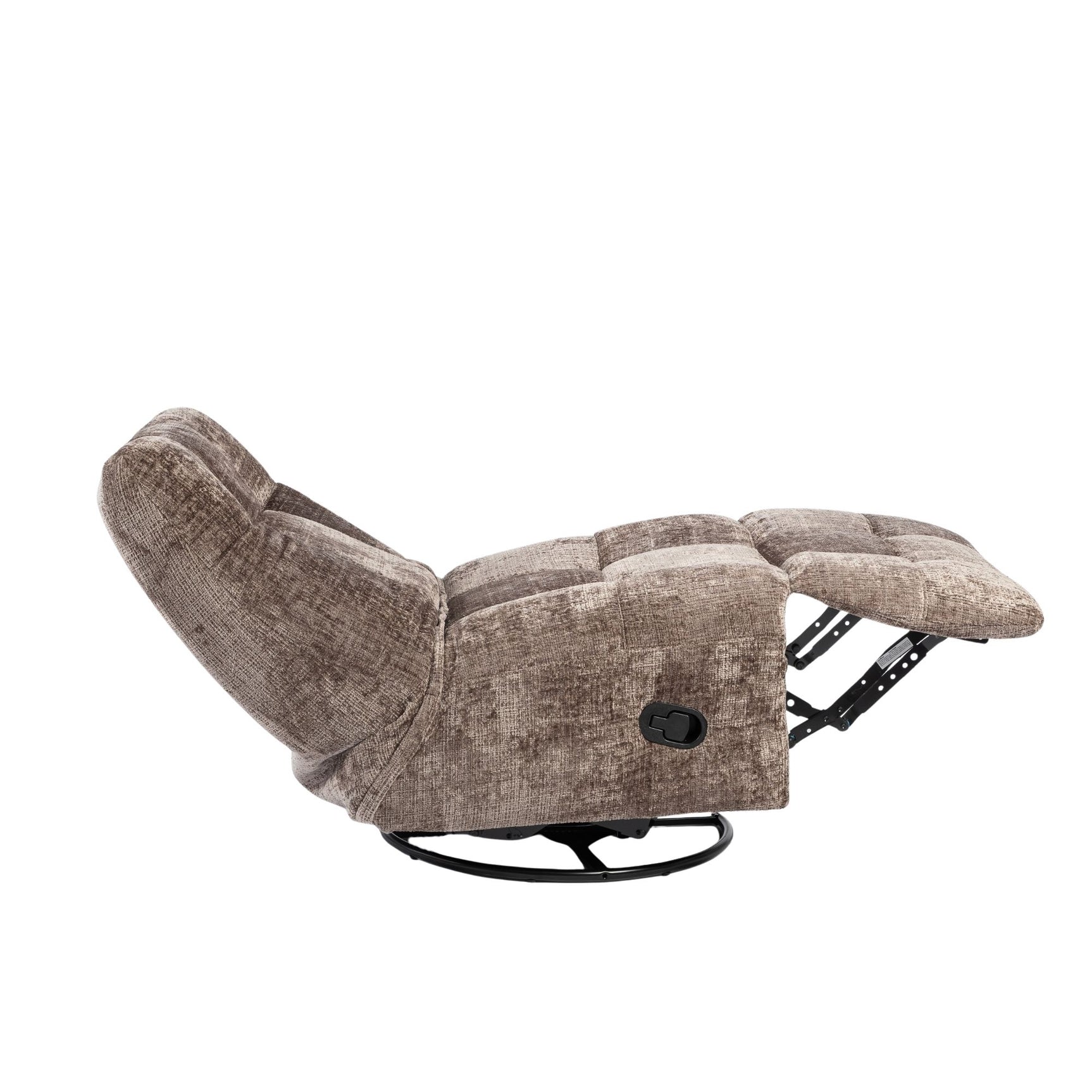 klei-kleurige relaxfauteuil met openklapbare voetensteun en zwart onderstel