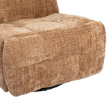 Kaneel relaxfauteuil detail van arm- en zijkussen, bruin gestoffeerd met zwarte basis.