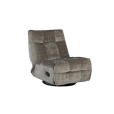Grijze relaxfauteuil met voetensteun omlaag en zwarte onderkant, gestoffeerd weefsel
