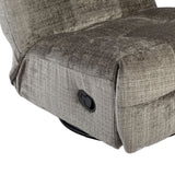 Grijze relaxfauteuil met zwarte bedienknop op de arm en zichtbare onderrand