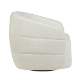 Fauteuil Yara in gebroken wit, zijaanzicht met horizontale stiksels en ronde vorm