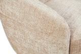 Fauteuil Yara beige met afgeronde armleuning en geweven stof, close detail