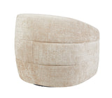Beige ronde fauteuil met dikke zitting en gestoffeerde bekleding