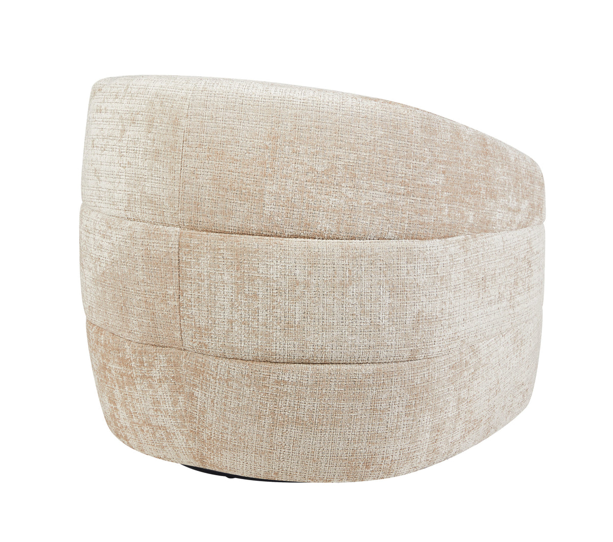Beige ronde fauteuil met dikke zitting en gestoffeerde bekleding