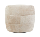 Beige fauteuil met hoge ronde rug en horizontale naden in geweven stof
