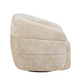 Beige fauteuil met hoge rug en gebogen armleuning, ronde vorm