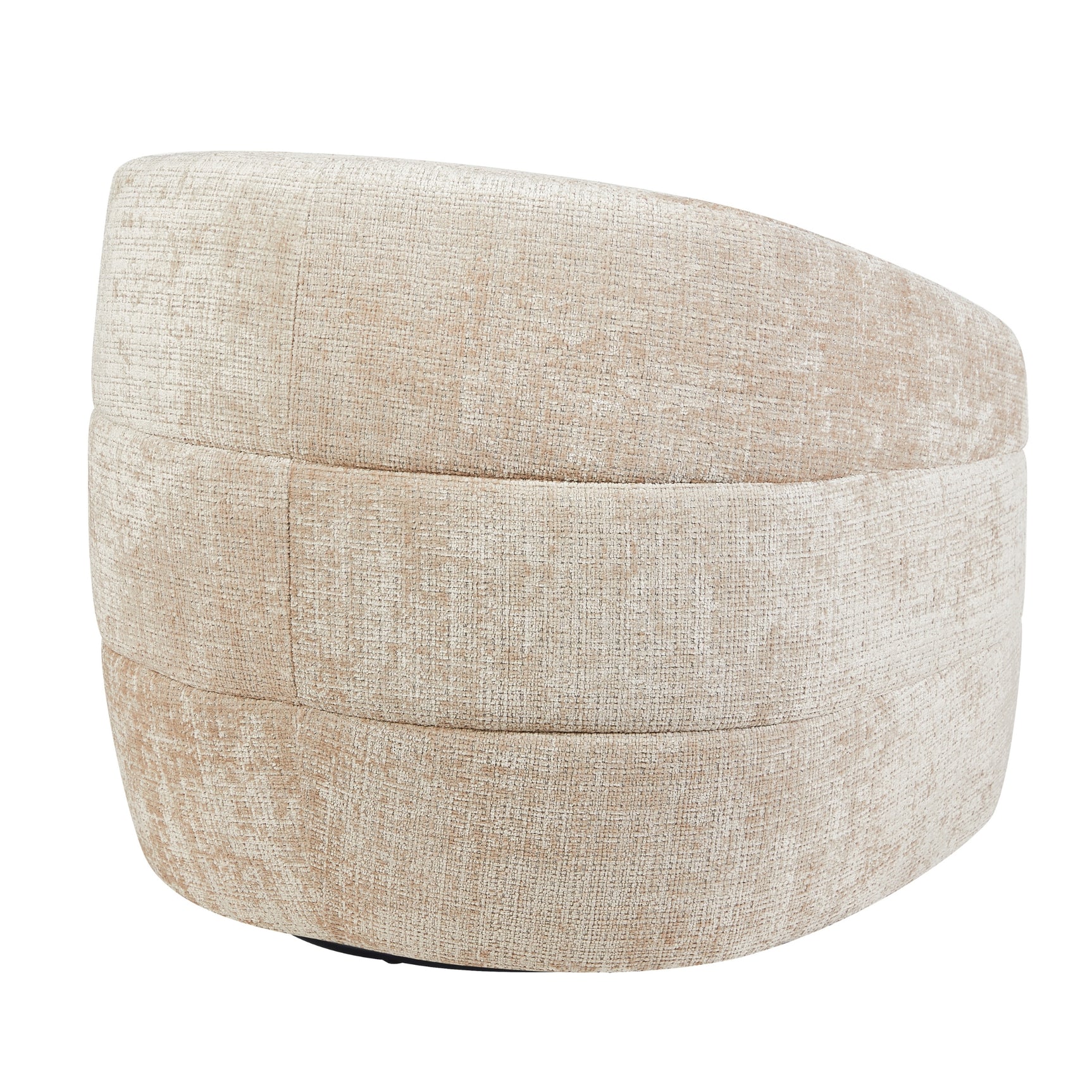 Beige fauteuil met horizontale stiknaden en ronde rug en zitting, gestoffeerd