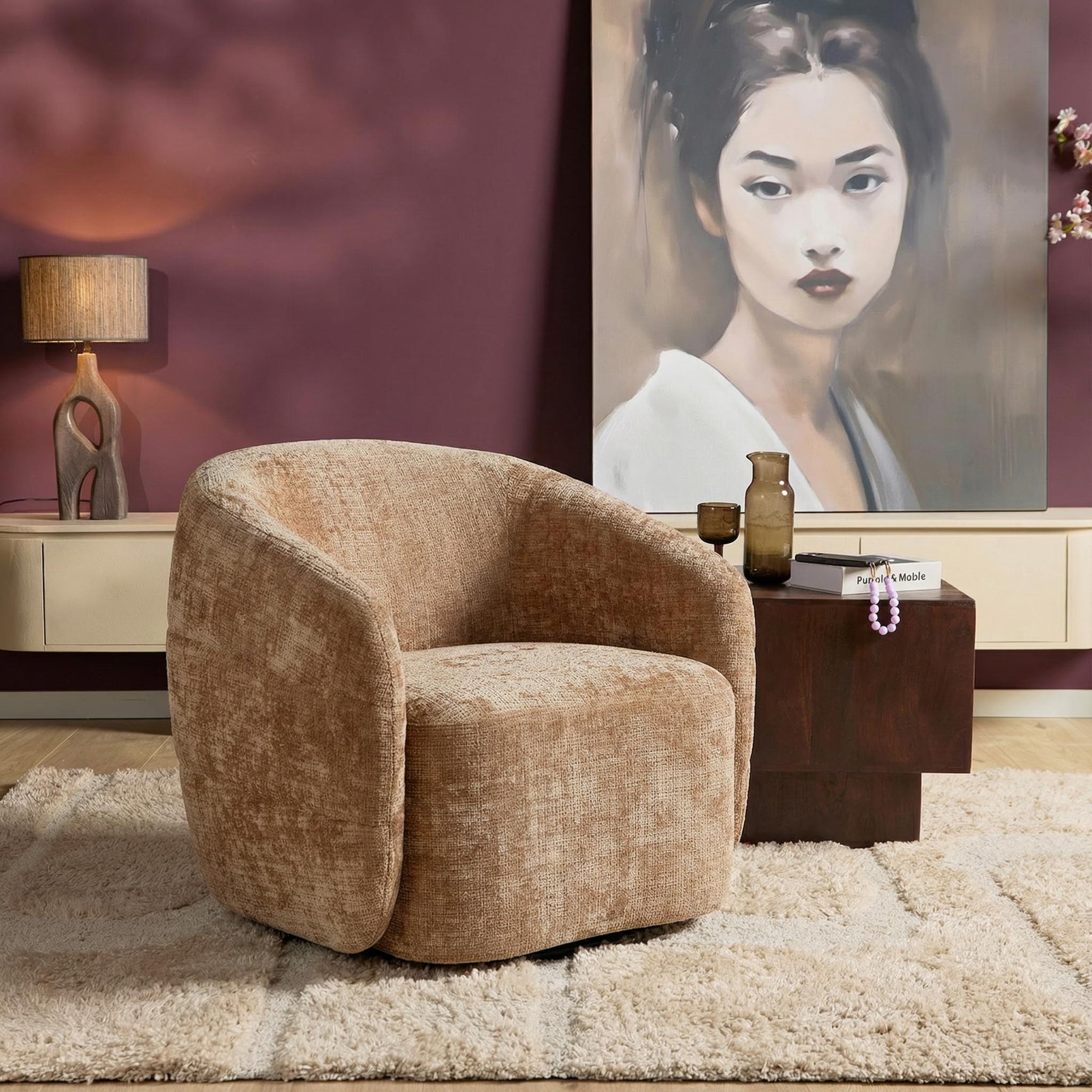 Leunstoel met ronde rug en armleuningen, beige geweven stof, korte poten