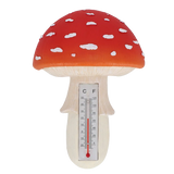 Vliegenzwam-thermometer met rode dop en witte stippen, met thermometer in grijze steel