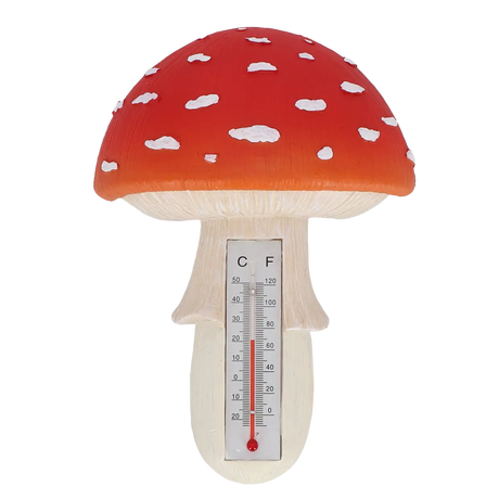 Vliegenzwam-thermometer met rode dop en witte stippen, met thermometer in grijze steel