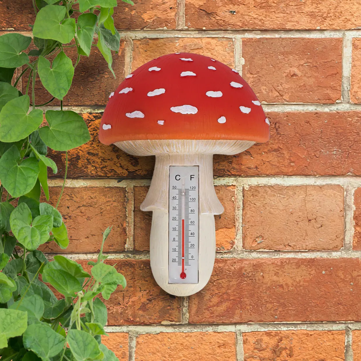 Vliegenzwam-thermometer met rode dop met witte stippen en thermometer voor C/F-weergave