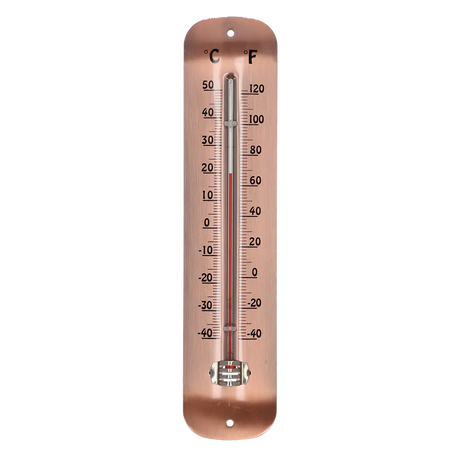 Koperen thermometer met schaal voor °C en °F en metalen meetdeel onderaan