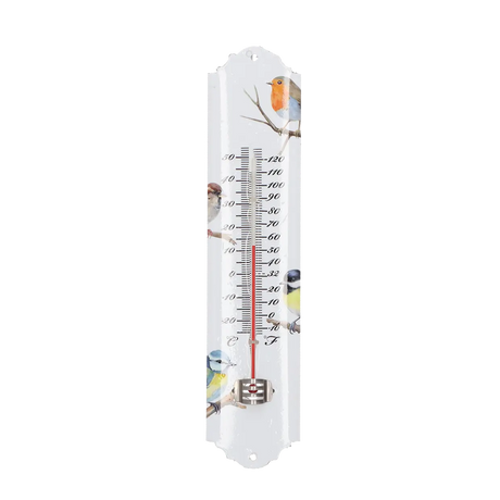 Esschert design aquarel thermometer met vogelillustraties, witte behuizing en temperatuurschaal