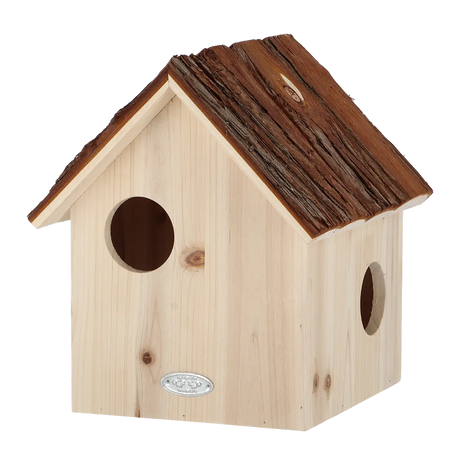 Houten vogelhuisje met boomschorsdak en twee ronde openingen