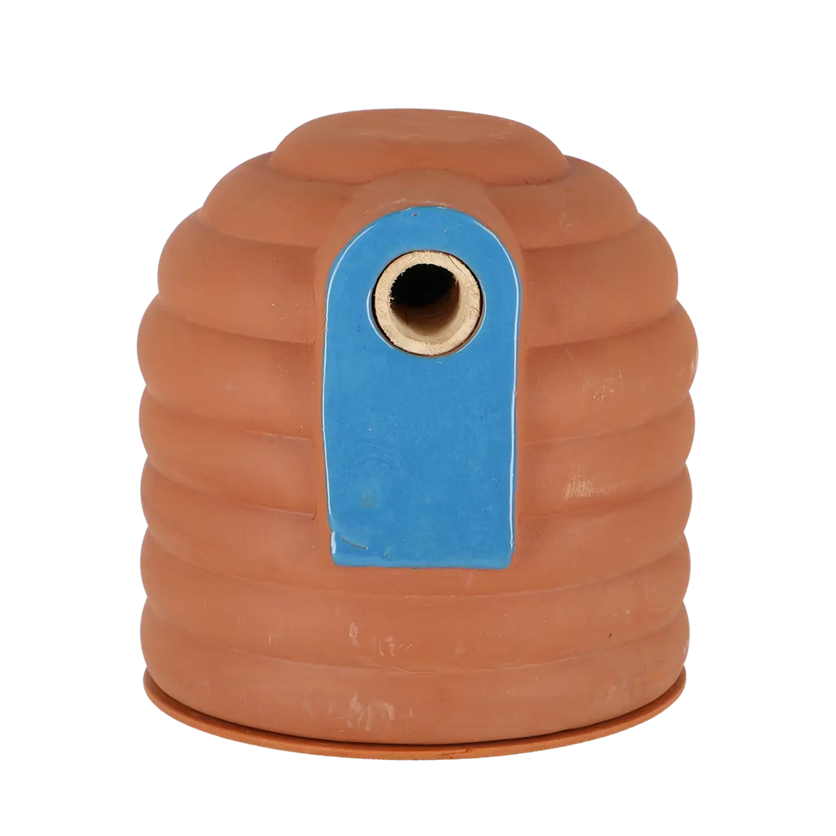 Terracotta hommelpot met blauwe omlijsting en ronde zwarte opening