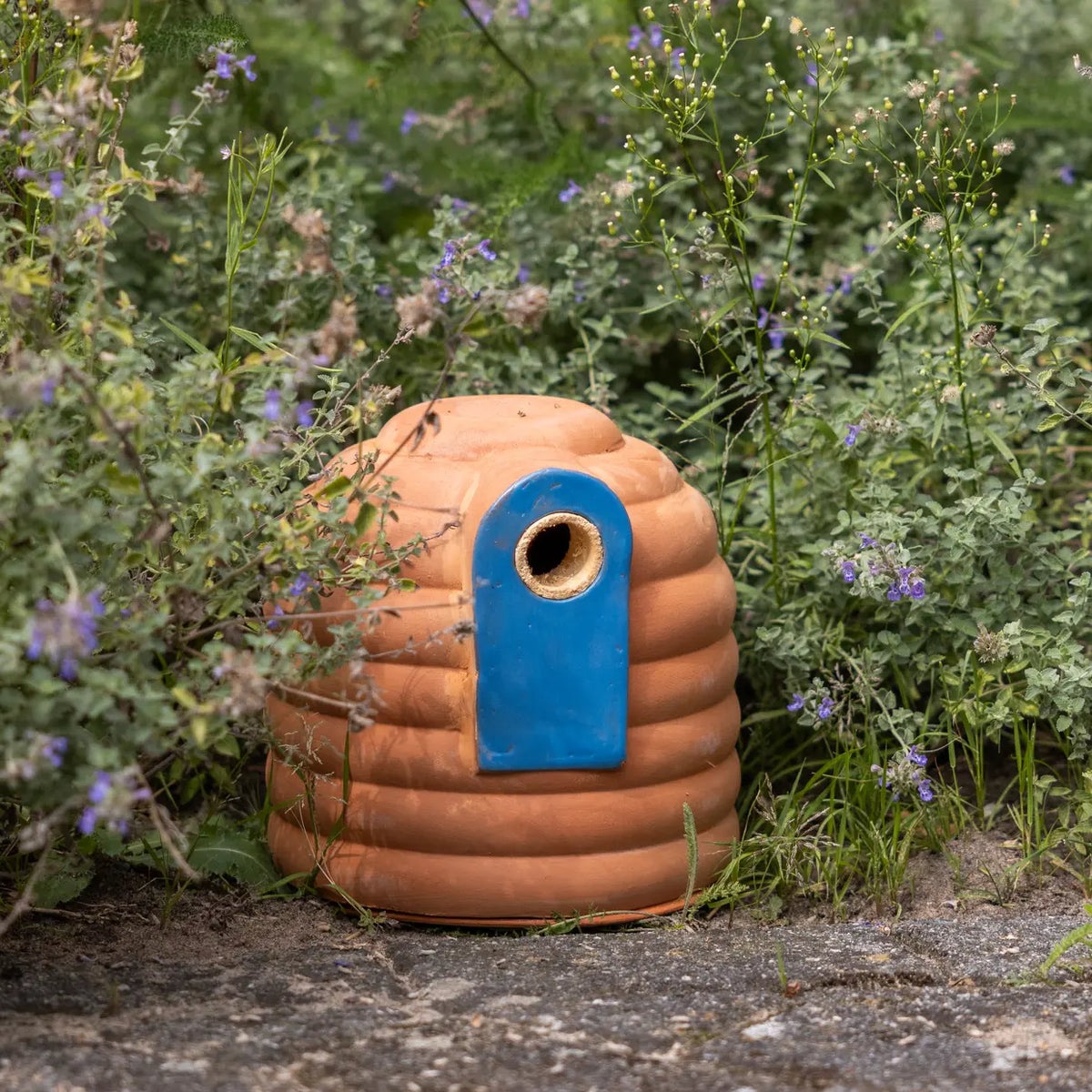 Terracotta hommelpot vanuit hoek met blauwe ingang en ronde zwarte opening