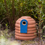 Esschert design hommelpot van terracotta met blauwe ingang en ronde zwarte opening