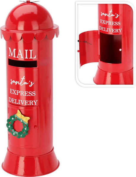 Rode decoratieve kerstbrievenbus met koepel, ‘Santa’s Express Delivery’ en kerstkrans