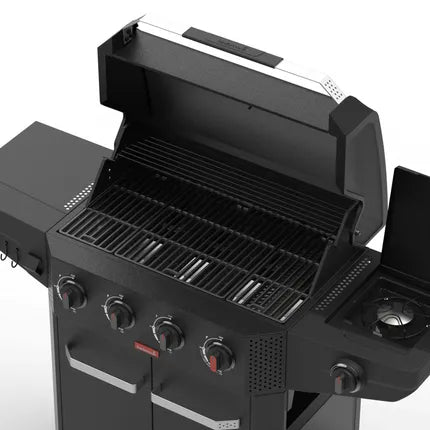 Zwart open gasbarbecue met geventileerde grillroosters en drie bedienknoppen