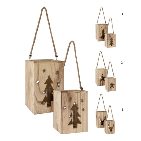 Houten hanglantaarns met touwhengsel, kerstboom- en ster-motief (assorti)