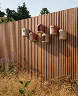 Beige vogelvoerhuisjes aan houten schutting, meerdere exemplaren in groep