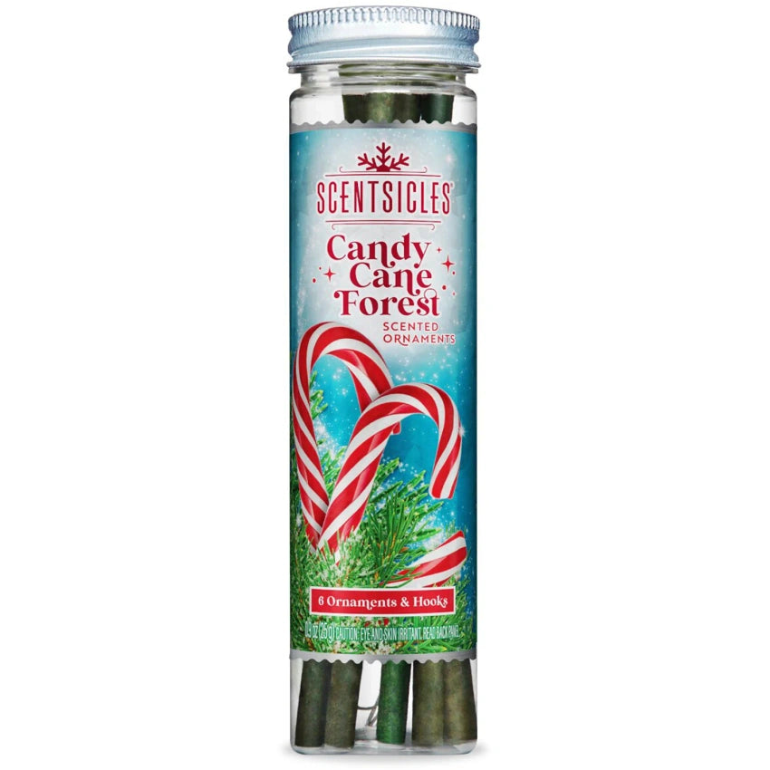 Geurstokjes voor kerstboom, set van 6 in doorzichtige fles met rode-witte decoratie