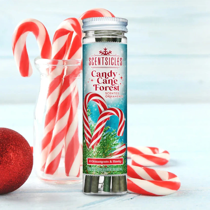 Geurstokjes voor kerstboom in fles met rode-witte Candy Cane Forest decoratie en groene uiteinden