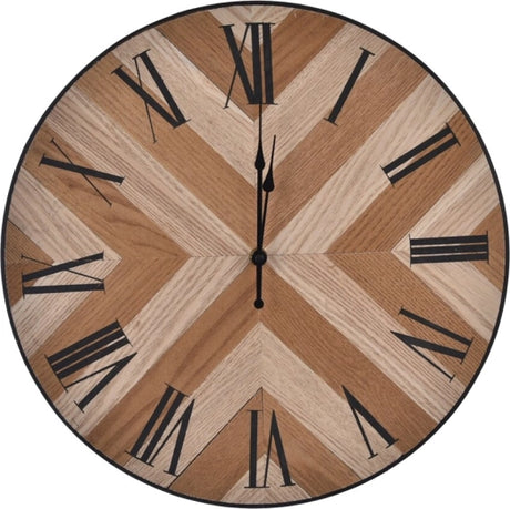 Ronde wandklok met houten nerf en Romeinse cijfers op beige/bruin wijzerplaat, MDF behuizing