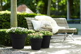 Set antracietkleurige plantenbakken met groene bloemen op terras