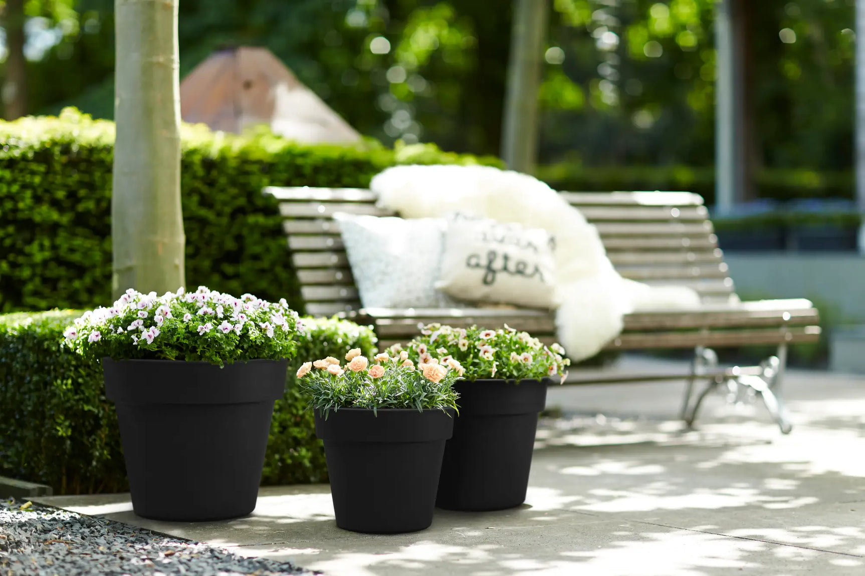 Set antracietkleurige plantenbakken met groene bloemen op terras
