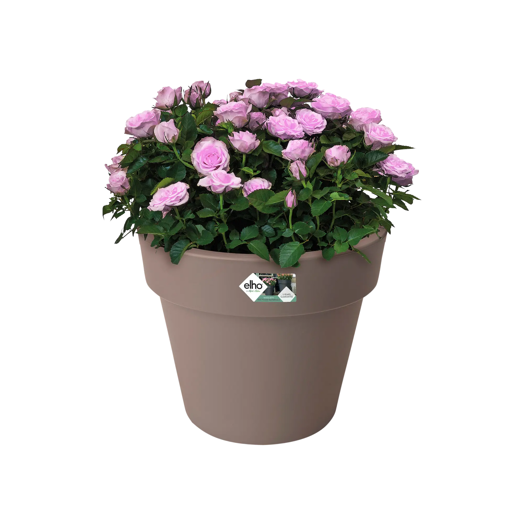 Elho plantenbak taupe met roze bloemen en groene bladeren in de pot.
