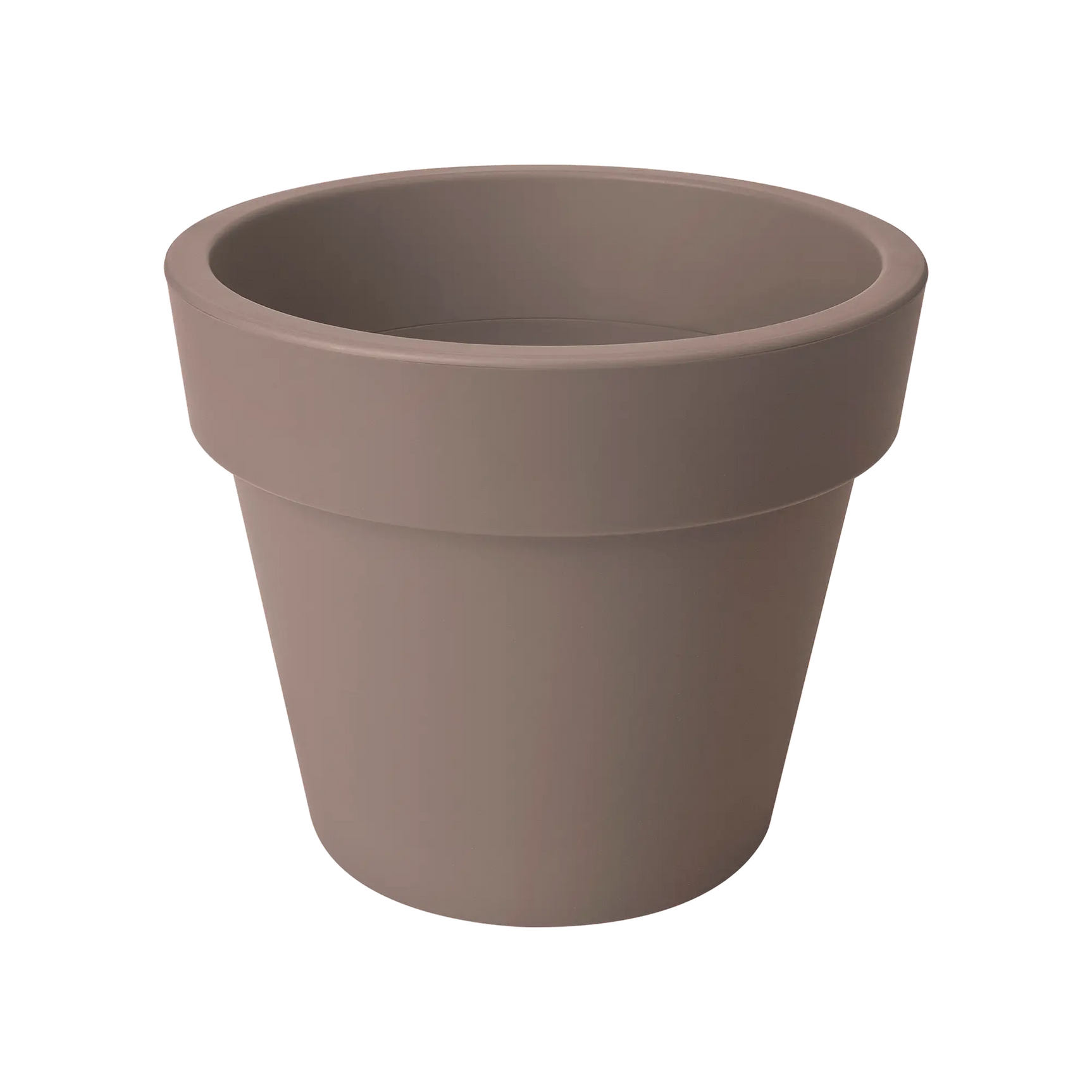 Elho plantenbak taupe, ronde pot met brede rand, zonder plantenvulling.