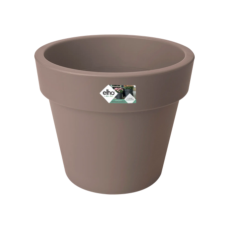 Elho taupe plantenpot met ronde bovenrand en logo op de voorkant