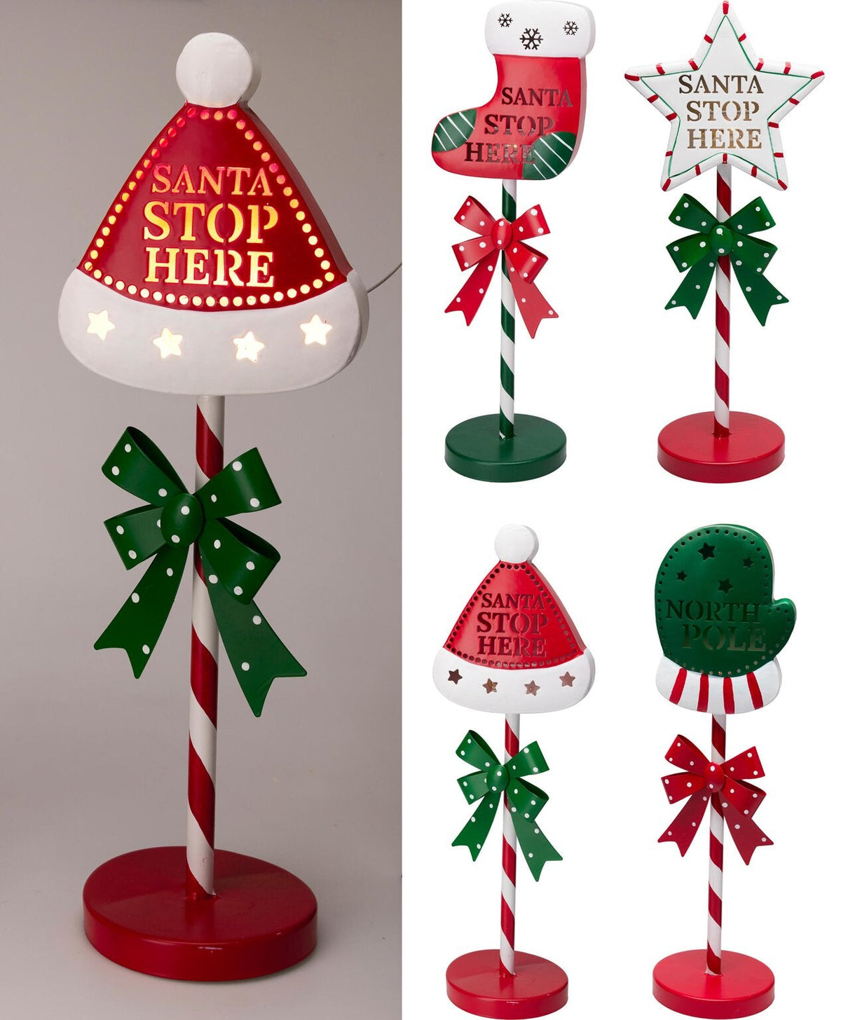 LED-kerstfiguur op paal met ‘Santa stop here’, rode sokkel en groene strik
