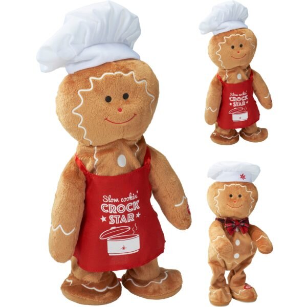 Dansende gingerbreadman knuffel met witte koksmuts en rood kerstschort
