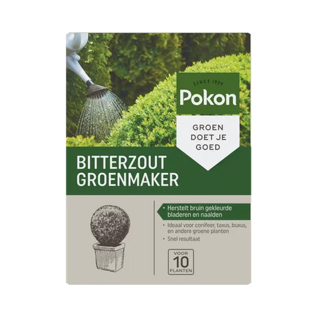 Pokon Bitterzout Groenmaker doos met tekst 'Bitterzout Groenmaker' en 'Voor 10 planten'