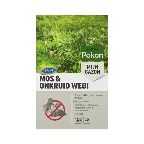 Pokon mos- en onkruidweg doos met afbeelding van groen gras en verpakkingstekst