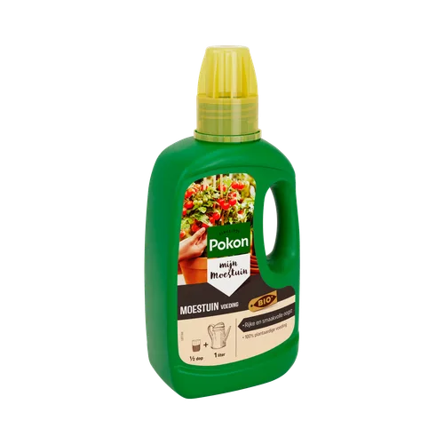 Pokon BIO moestuinvoeding fles 500 ml, groene fles met gele dop op zwarte achtergrond