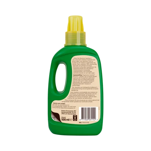 Pokon BIO moestuinvoeding fles 500 ml, groene achterzijde met barcode en tekst